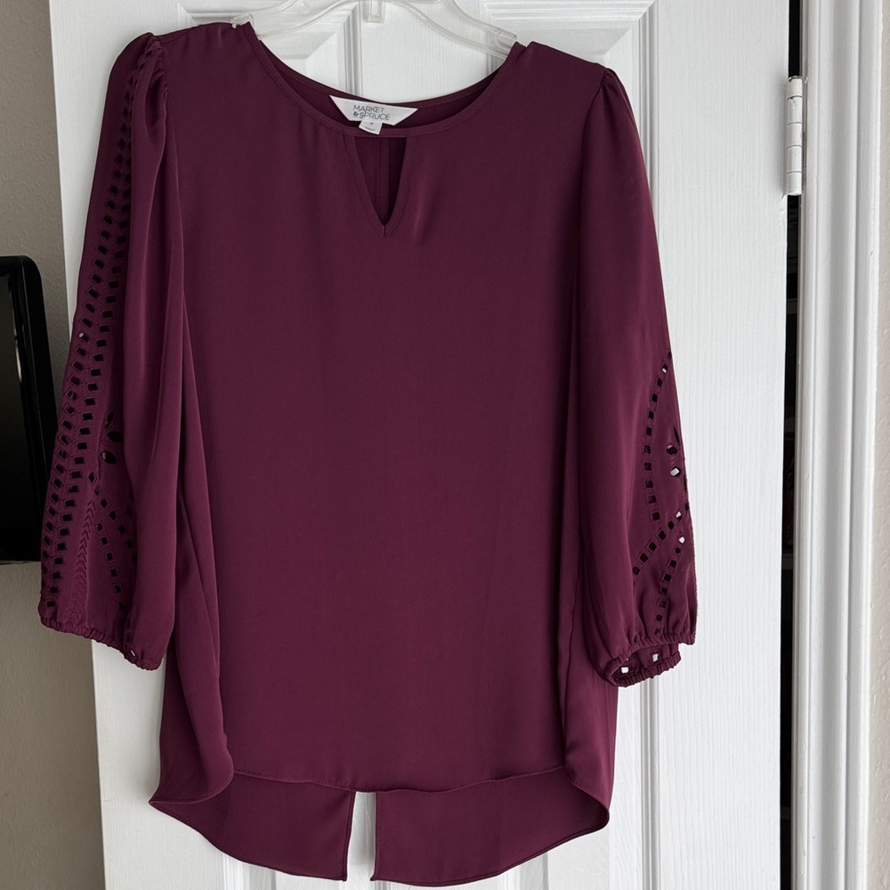 Market & Spruce Deep Plum Keyhole Blouse with Eyelet Sleeves